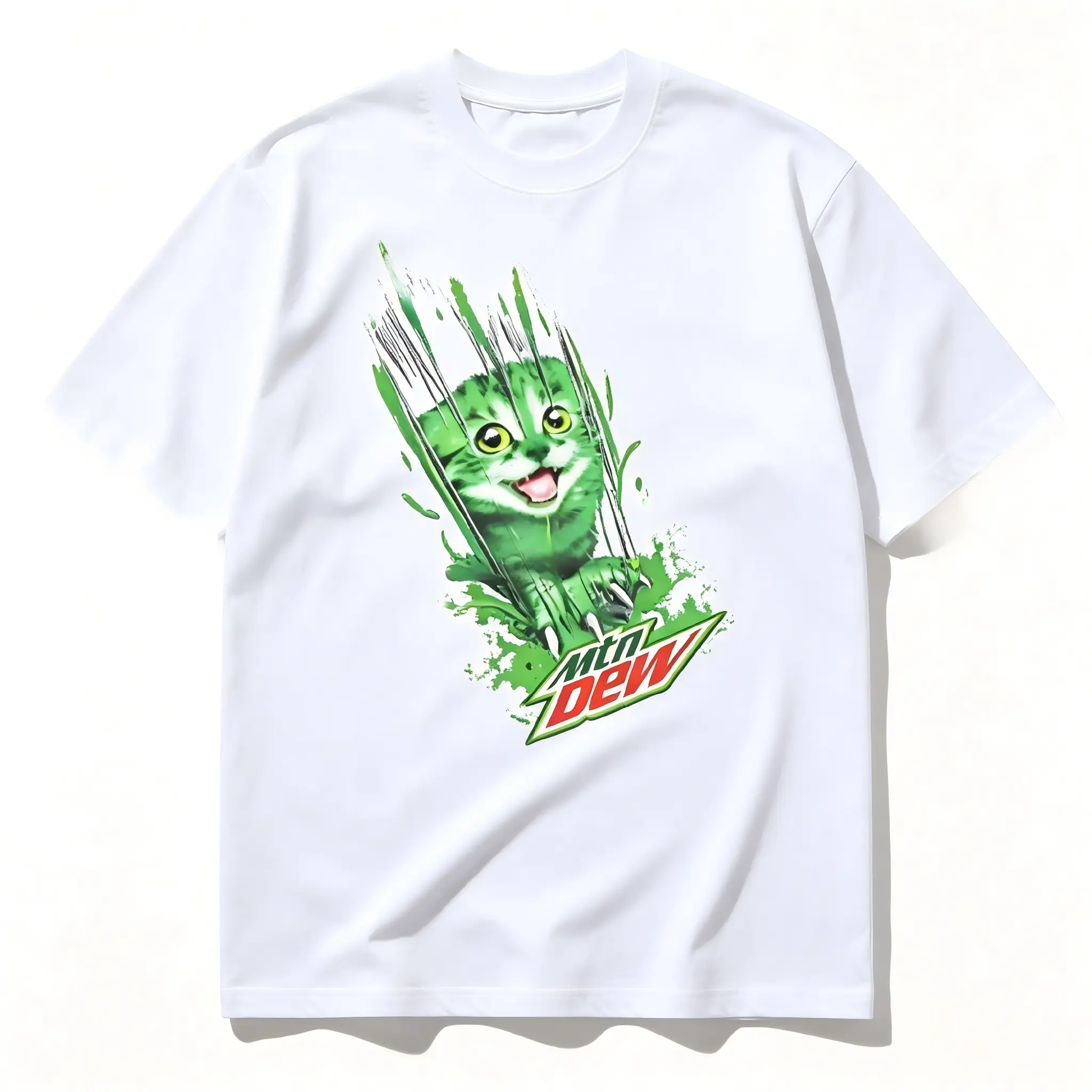 100% Cotton Cat Scratch Parody Graphic Tee, Mtn Dew Green Soda Design for Quirky Streetwear Casual Everyday Looks