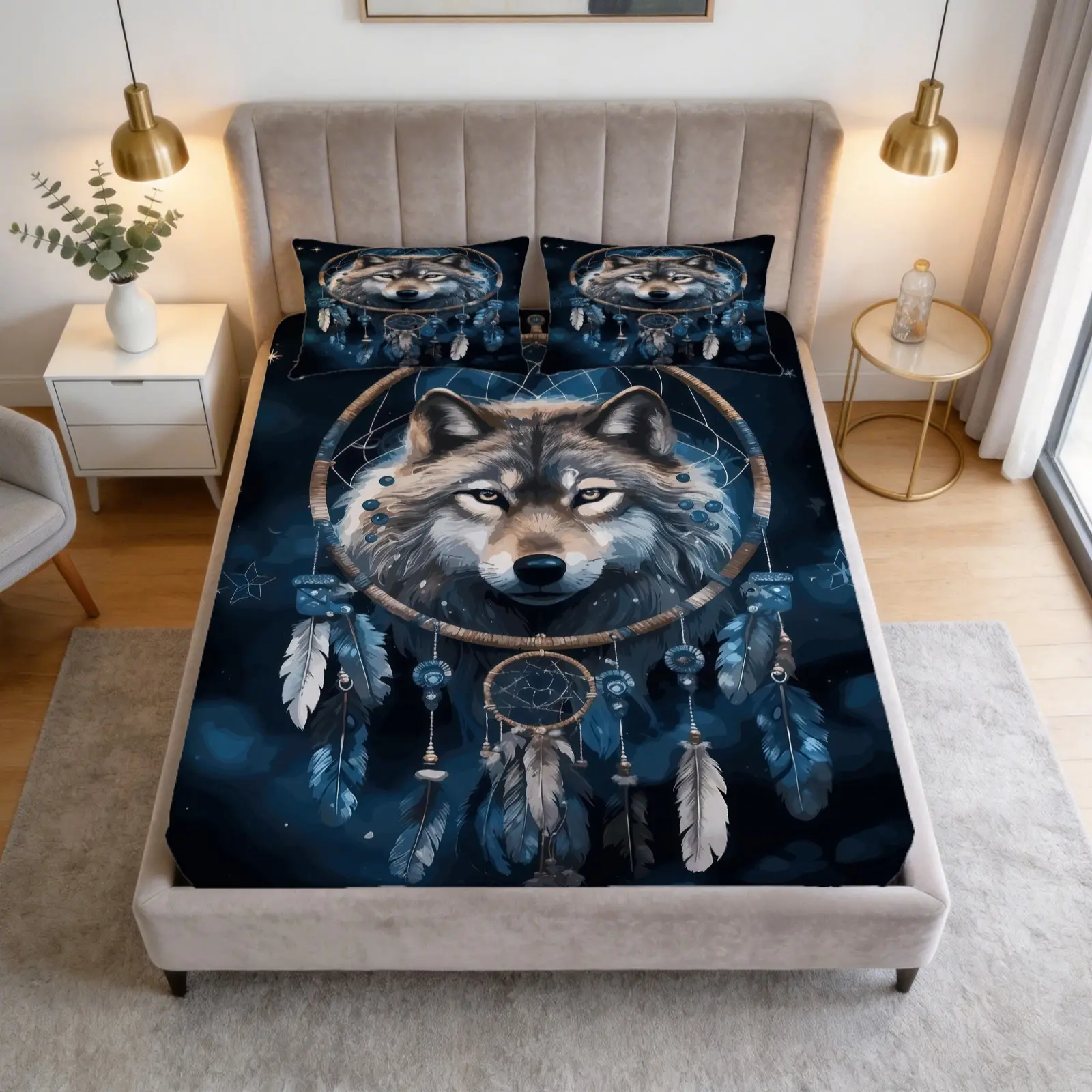 Moonlight Wolf Dream Catcher Net Printed Pattern Bed Sheet Set, 1 Bed Sheet With 2 Pillowcases (Excluding Pillow Core), Suitable For Teenagers And Adults, Suitable For Bedroom Decoration And Gifts