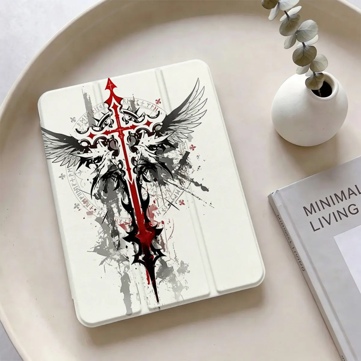 INS style gothic cyber rune angel cross iPad protective case, suitable for iPad Pro 11 12.9 13inch Air- 13inch M4 2026 new model, 10th generation iPad 10.9inch Air 5 4, with pen slot, foldable stand, auto wake/sleep function Tablet Protection