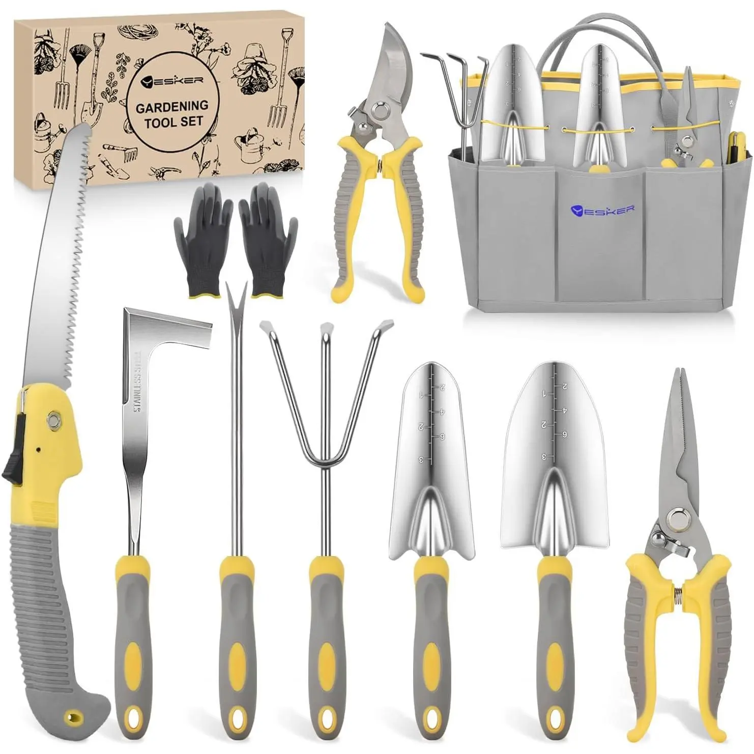 Nilight Gardening Tools 10-Piece Heavy Duty Garden Tool Set Gardening Supplies Gifts for Women Men Gardening Hand Tool Kit w Non-Slip Ergonomic Handle, Garden Bag, Durable Gloves, Pruning Shears, Gray