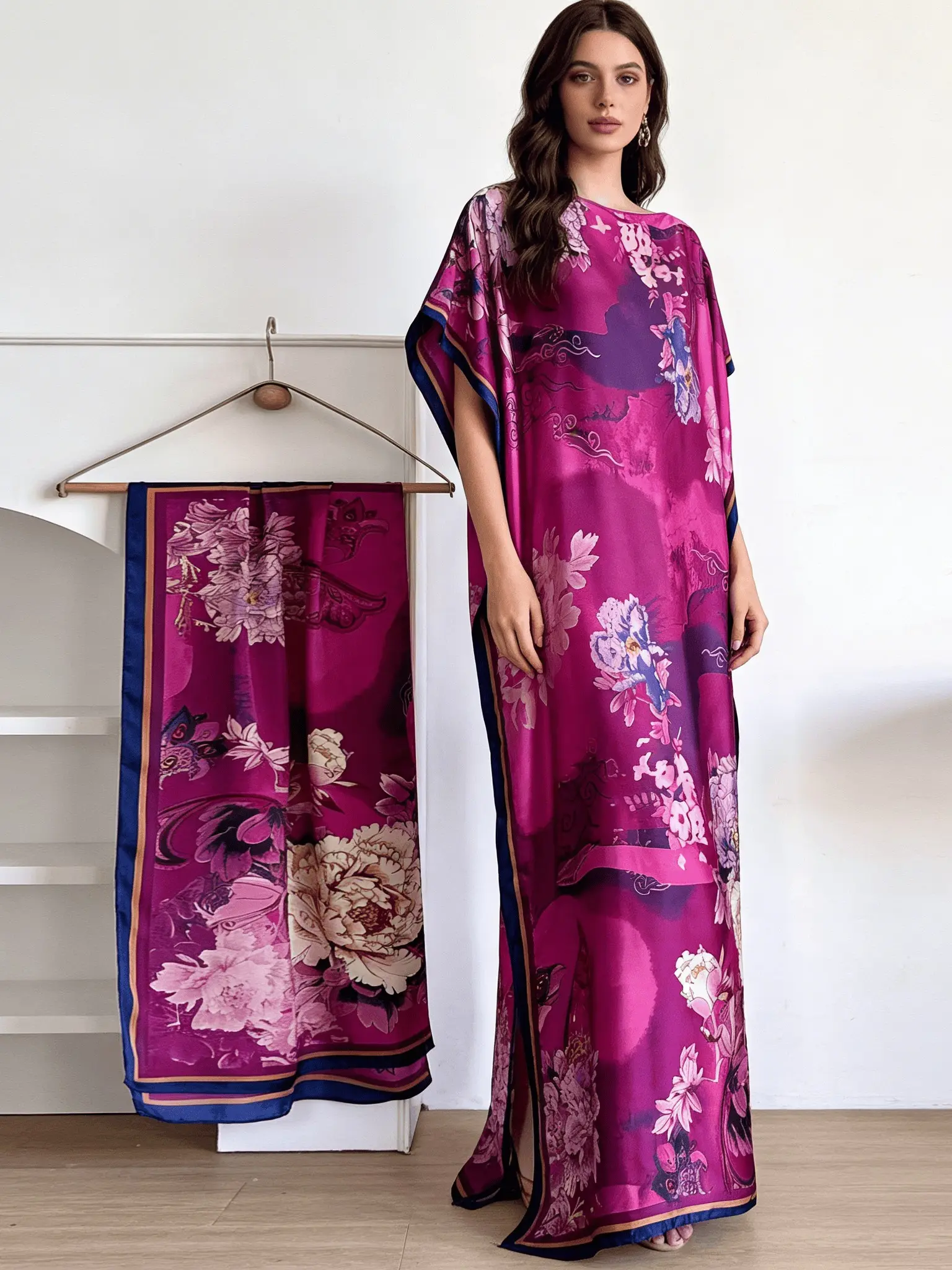 colorful floral printed silk kaftan dress with a scarf in the same color | An elegant deep purple-red floral kaftan robe | A loose batwing-sleeve resort dinner gown