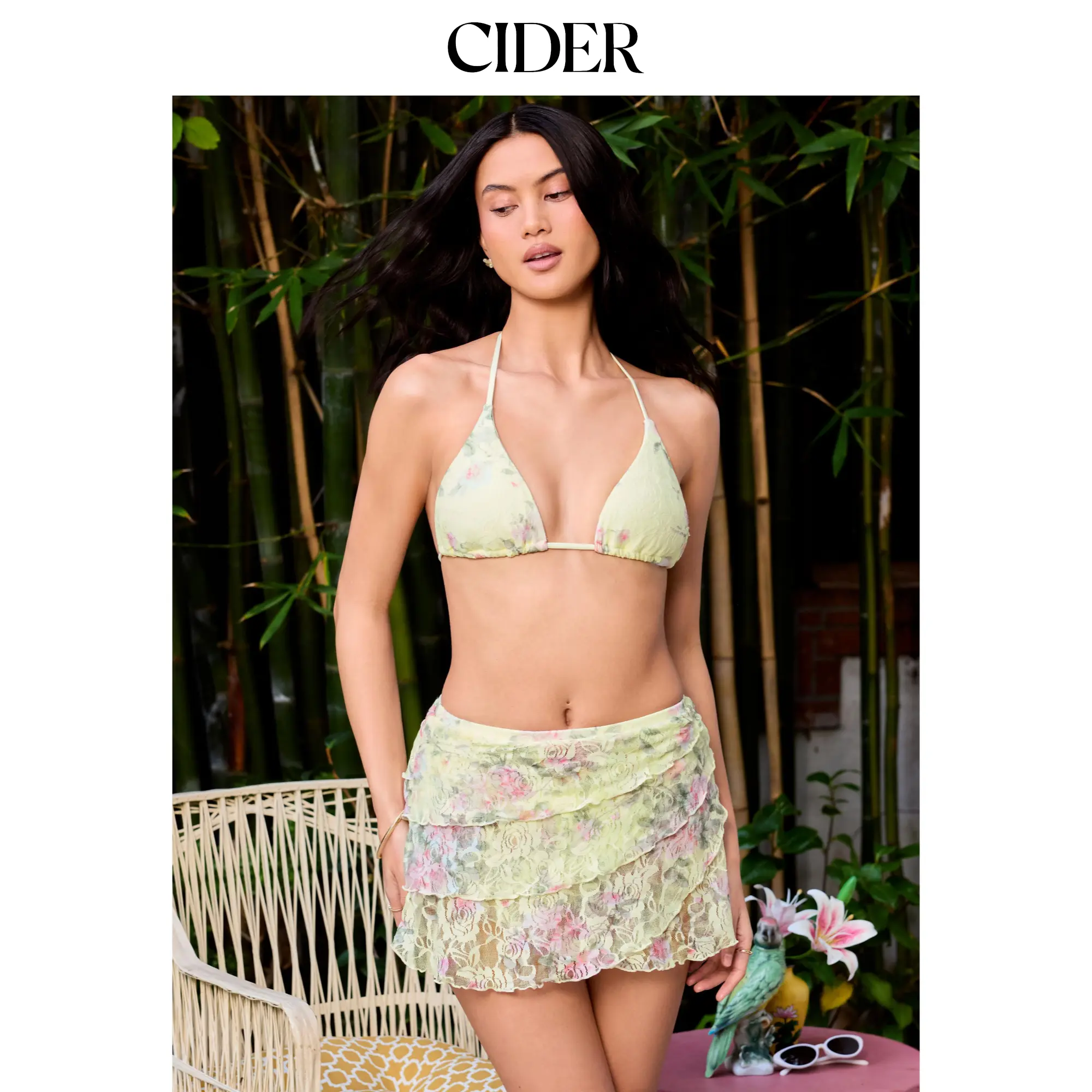 Cider Floral Lace Halter Triangle 3-Piece Bikini Set With Mini Skirt