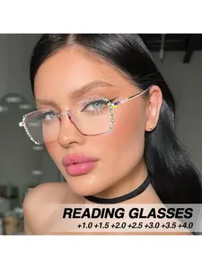 Square Fashion Reading Glasses, Rhinestone Accent, Comfortable Wear, Unisex Prescription Eyewear, Flattering Face Shape, Stylish Design