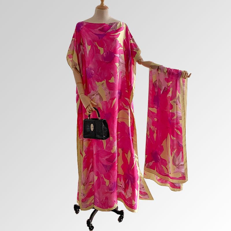 Women's Floral Print Long Dress & Scarf Set,Boho Casual Shawl Dress & Scarf Set for BeachVacation Holiday, Ladies Clothes for AllSeasons