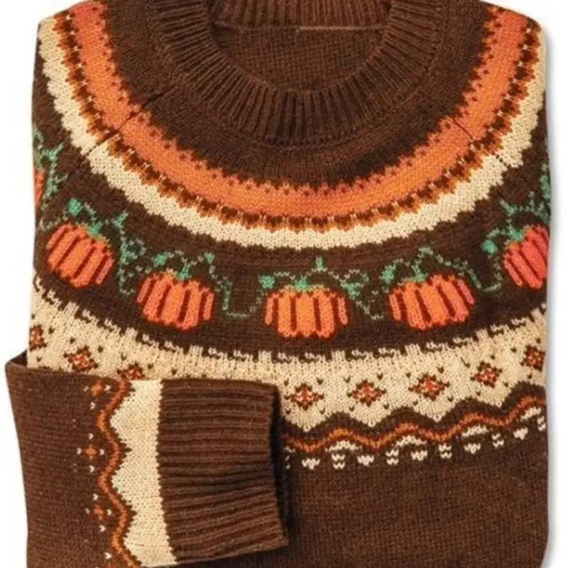 Women's Casual Round Neck Pumpkin Jacquard Knit Sweater, Halloween-Themed Fitted Jumper for Fall & Winter, Comfortable Knitwear