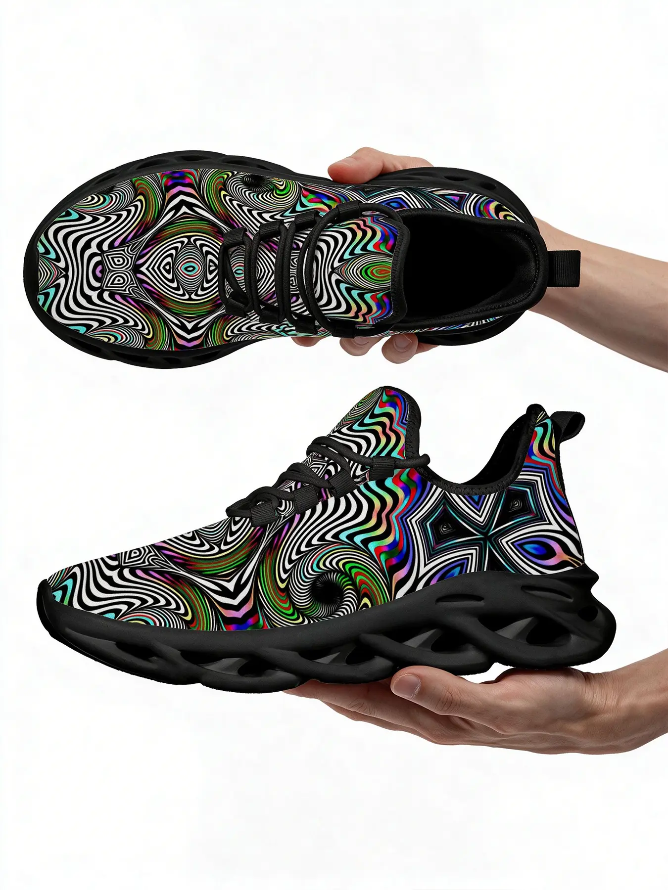 Colorful Optical Illusion Swirl Print Chunky Sneakers Men Women Lightweight Mesh Blade Sole Running Shoes Psychedelic Abstract Pattern Casual Streetwear Trainers