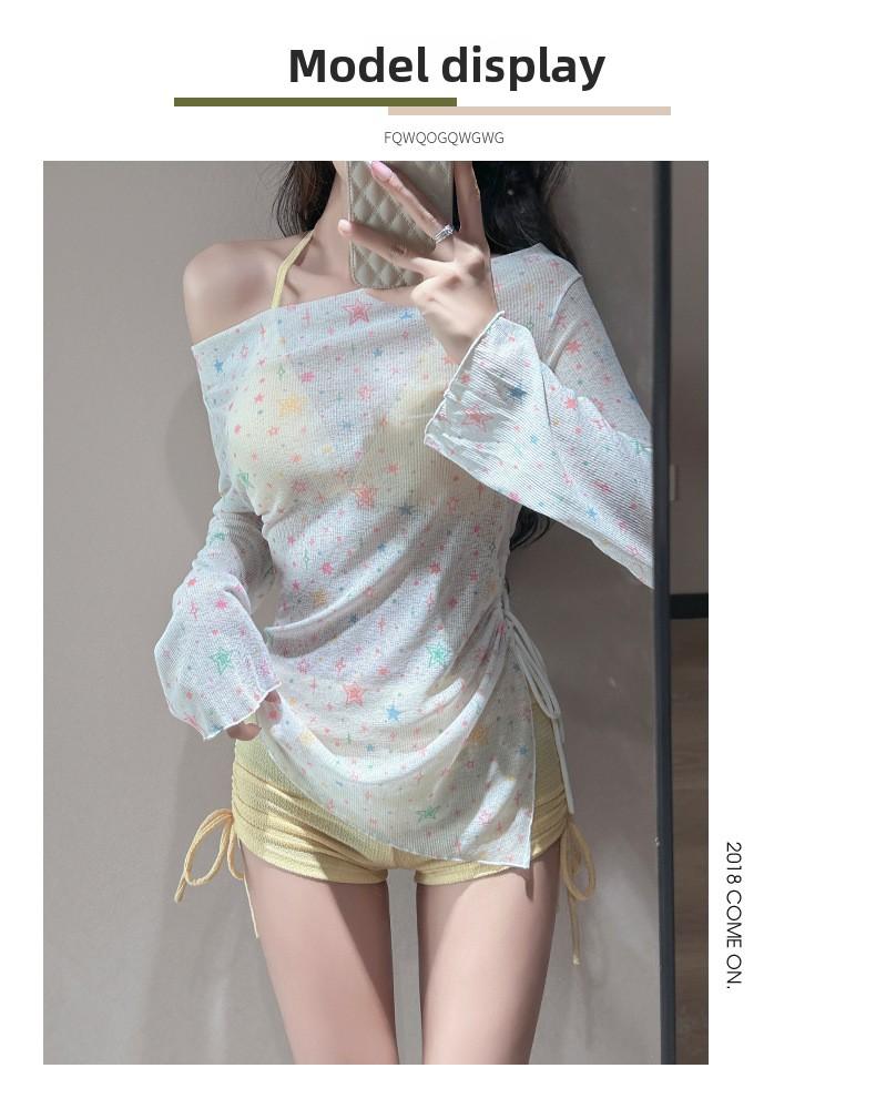 Women's three-piece swimsuit set, long-sleeved for sun protection, with a fresh star print, sweet and charming, suitable for beach wear