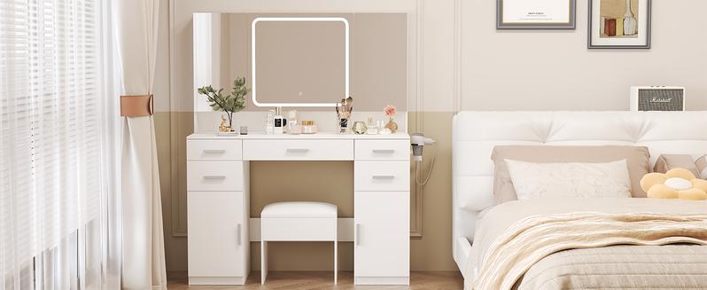 White Tri-Folding Lighted Vanity Desk with 7 Drawers | Big Makeup Vanity with Mirror & Chairs for Bedroom