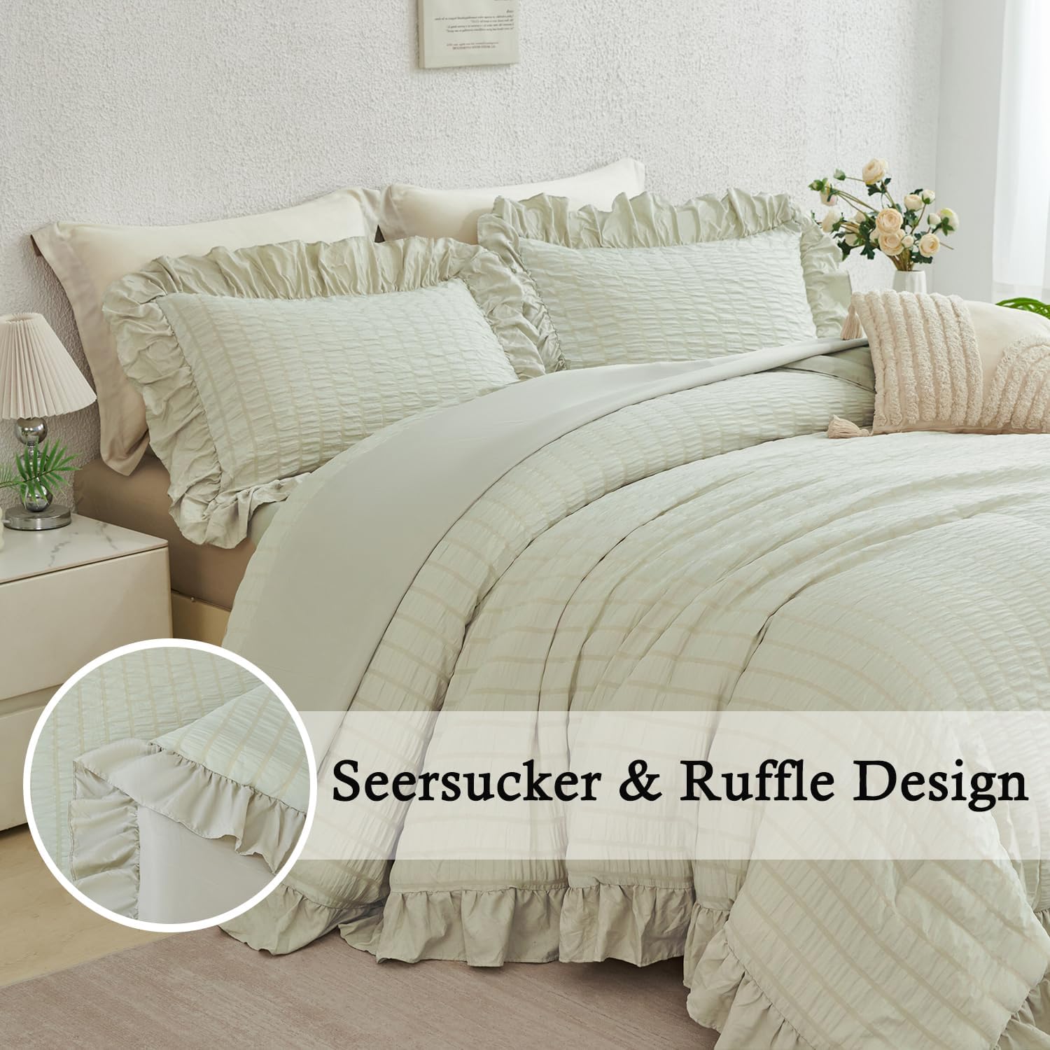 5 count  Bed Bedding Set Beige Ruffle Comforter Sets for Women Adults Seersucker Bedding Set with Ruffled Layers  Farmhouse Bed in A Bag with Sheets(Beige, )