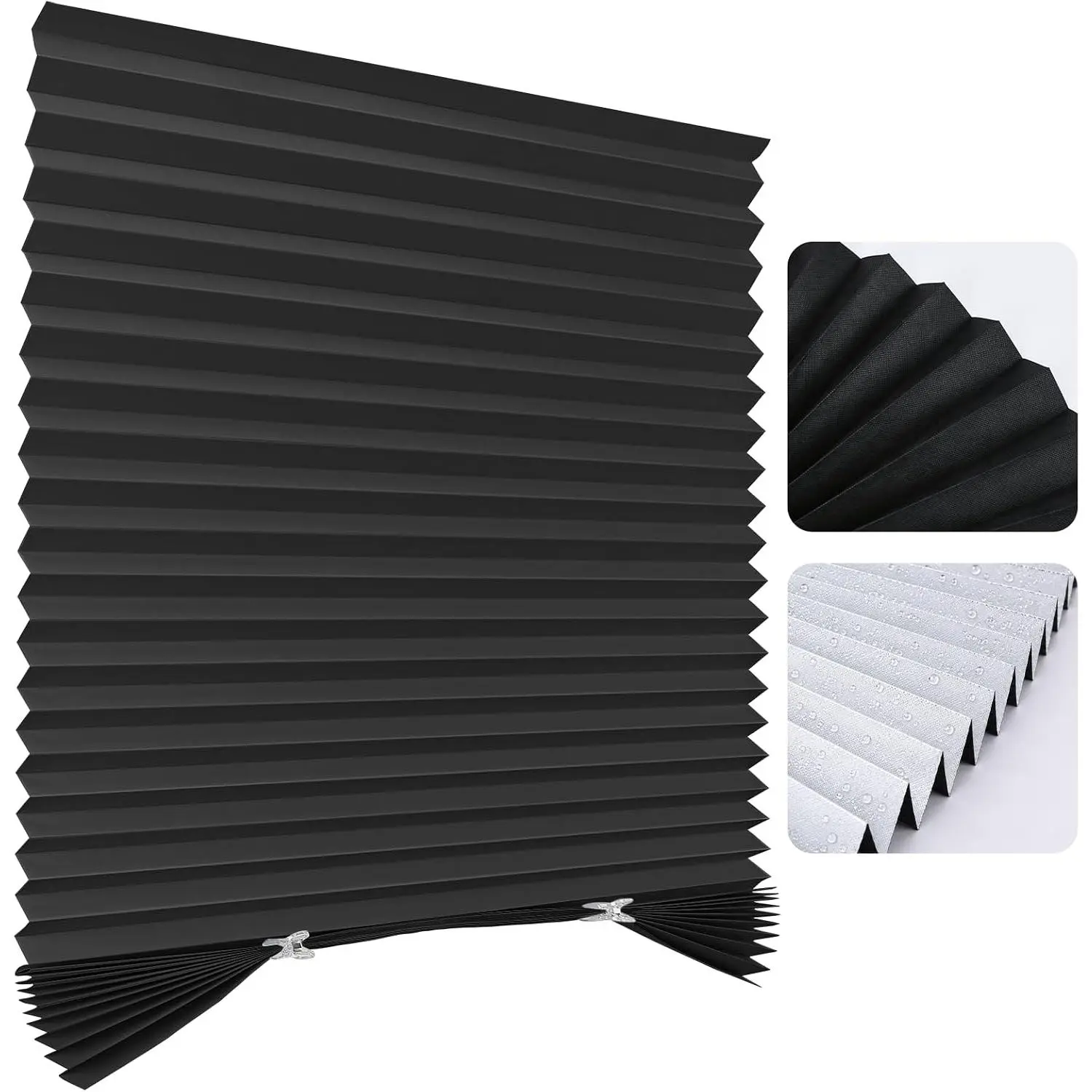 SERLMWNT Blackout Paper Blinds for Windows, Temporary Room Darkening Shades, No Drill Cordless Pleated Self Adhesive Cut to Size Window Coverings with Clips, 4PCS Black 35" W x 71" H