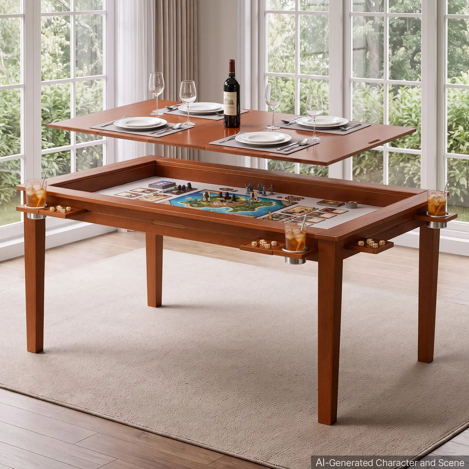 VEVOR Board Game Table 2-in-1 Gaming and Dining Table 63 x 39.4 x 30 in, Roomy for 6 Players, with Removable Tabletop, Leather Gaming Mat, 6 Cup Holders & Sliding Trays, 440LBS Solid Wood Support