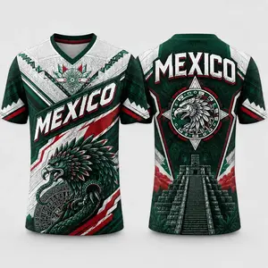 Men's Short-Sleeve V-Neck Unisex Jersey T-Shirt - Mexico-Inspired Aztec Eagle Graphic, Breathable Mesh Fabric, Casual Top