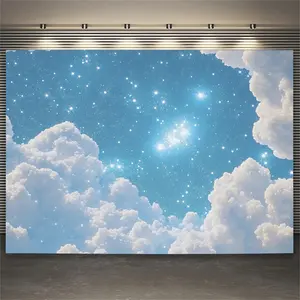 [3D Starry Night Tapestry] Extra Large 3D Blue Sky Starry Night Tapestry Wall Hanging - Friendly 3D Cloud & Star Design with Twinkling Effect, Dreamy Celestial Night Sky Art for Home, Office, Party Decor - Easy Peel & Stick