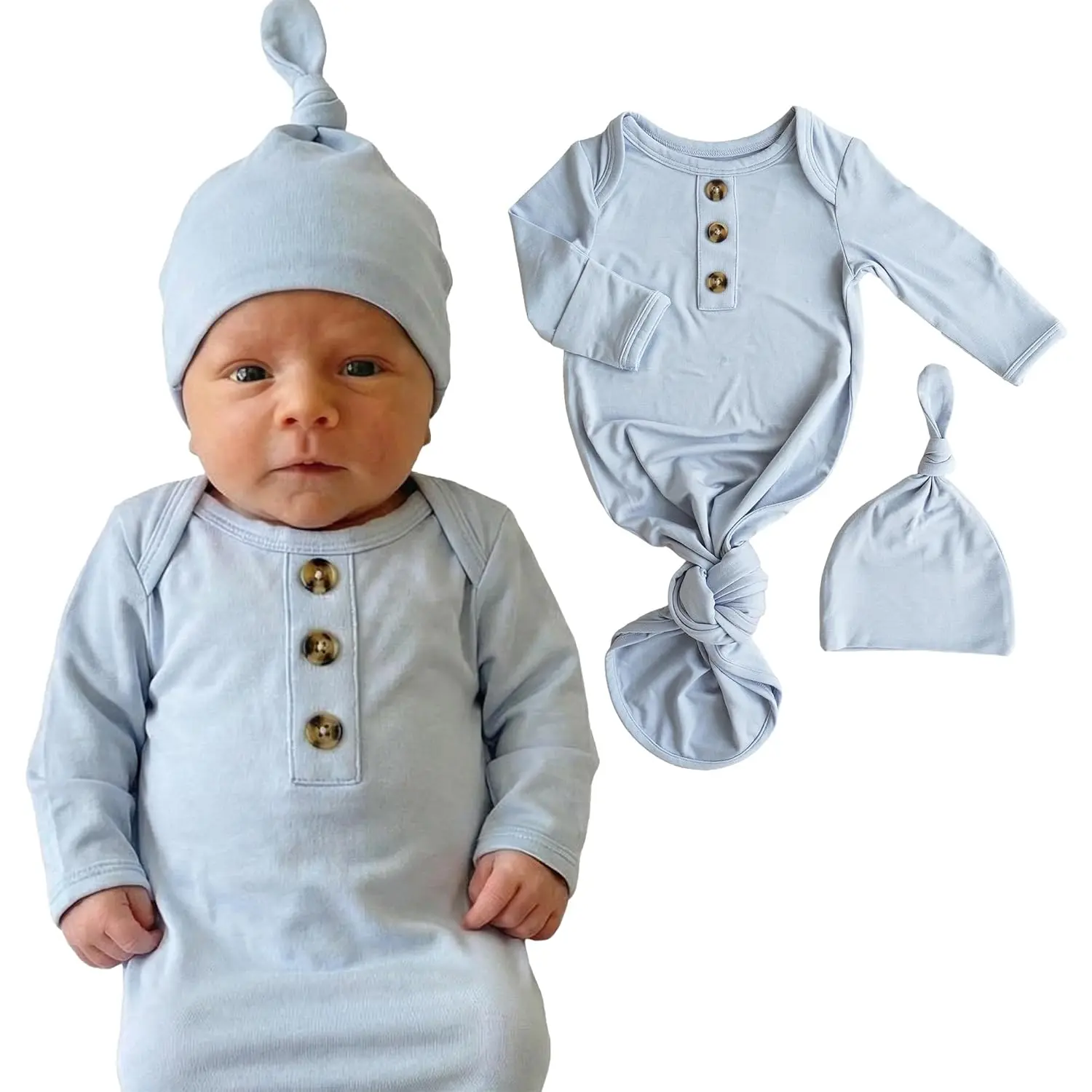 Newborn Knotted Gown with Hat, Soft Bamboo Viscose Baby Sack, Unisex Infant Breathable Night gown