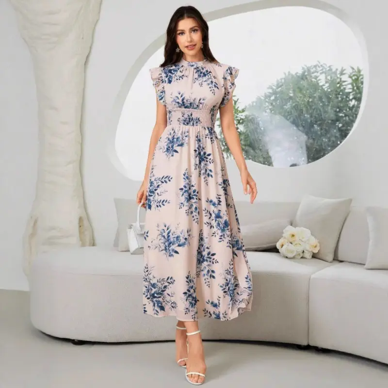 Fashion Cute Ruffle Cap Sleeve Floral Print Midi Dress, Smocked Waist Casual Outfit, Ideal Valentine's Day Gift For Her, Best Holiday Present For Lover, Family And Friends