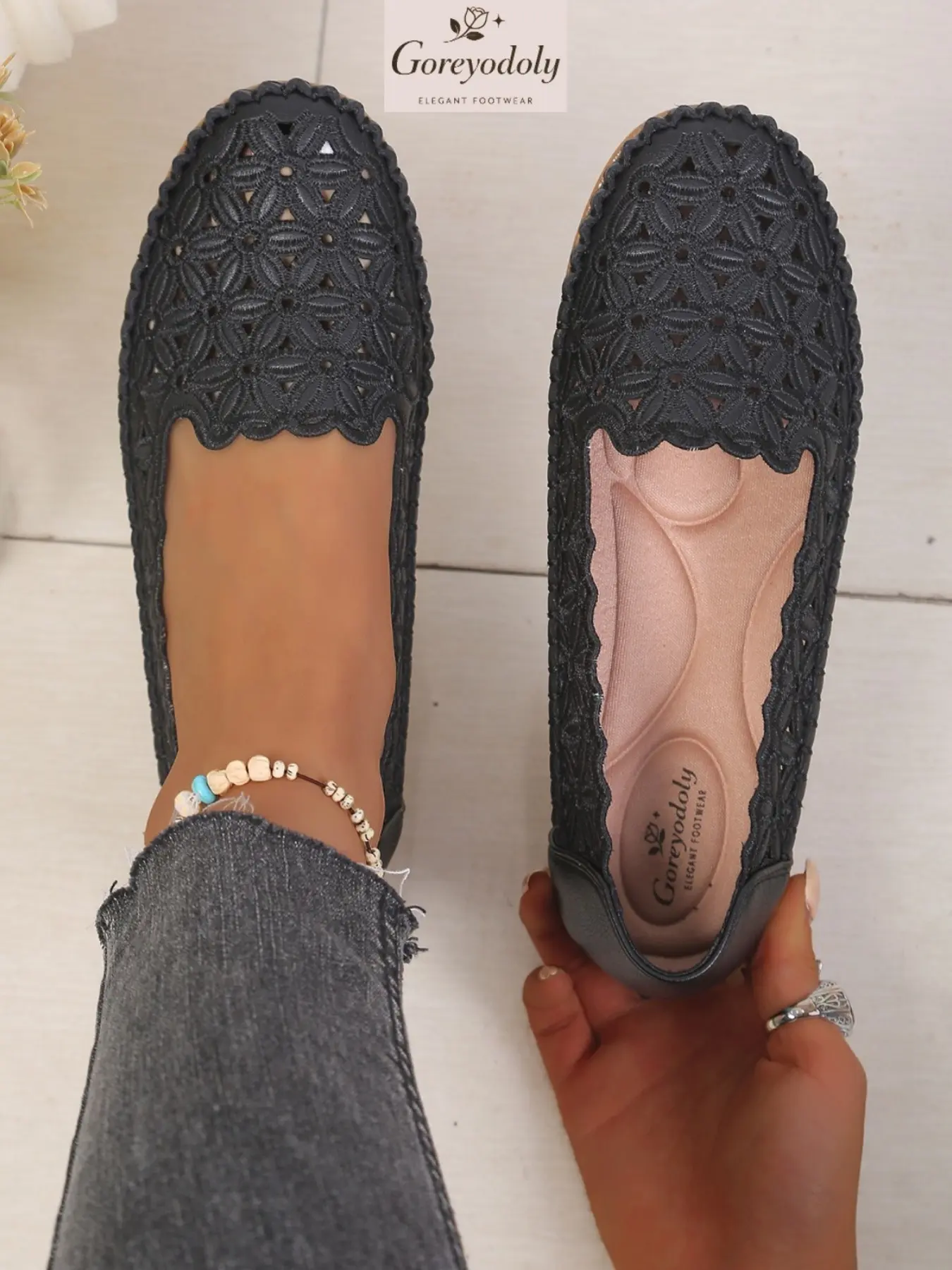 Goreyodoly Womens [Wide Fit] Casual Slip On Flats Soft Soled Shoes Hollow Floral Lace Breathable Lightweight Comfortable Walking Shoes All Season Office Travel Commuting Shopping Home Wear Soft Cushioned Insole Slip Resistant Durable Versatile Footwear