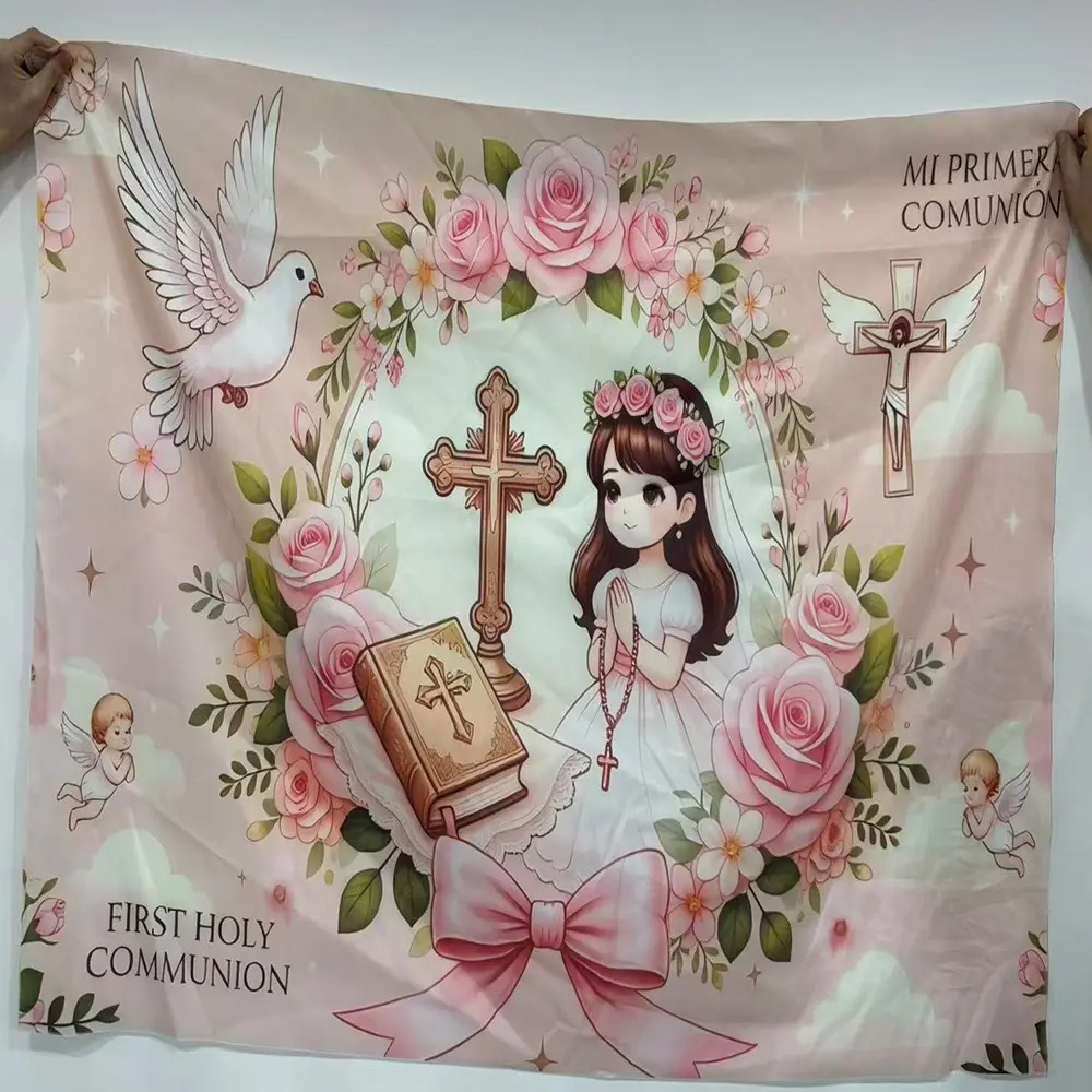 2D Flat banner 1pc First Holy Communion pink rose white dove cross theme banner Gentle girly floral style First Holy Communion ceremony, Catholic religious celebration photo background hanging cloth Polyester
