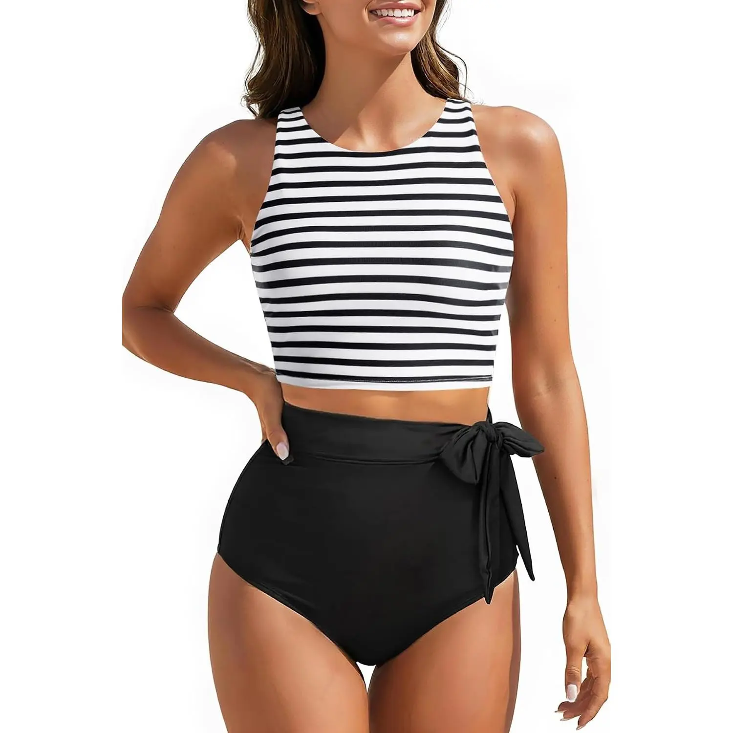 Women High Waisted Bikini Set Racerback Swimsuit Two Piece Bathing Suit - Racerback crop top, Side tie bow accent, Tummy control briefs, Padded brassiereGift