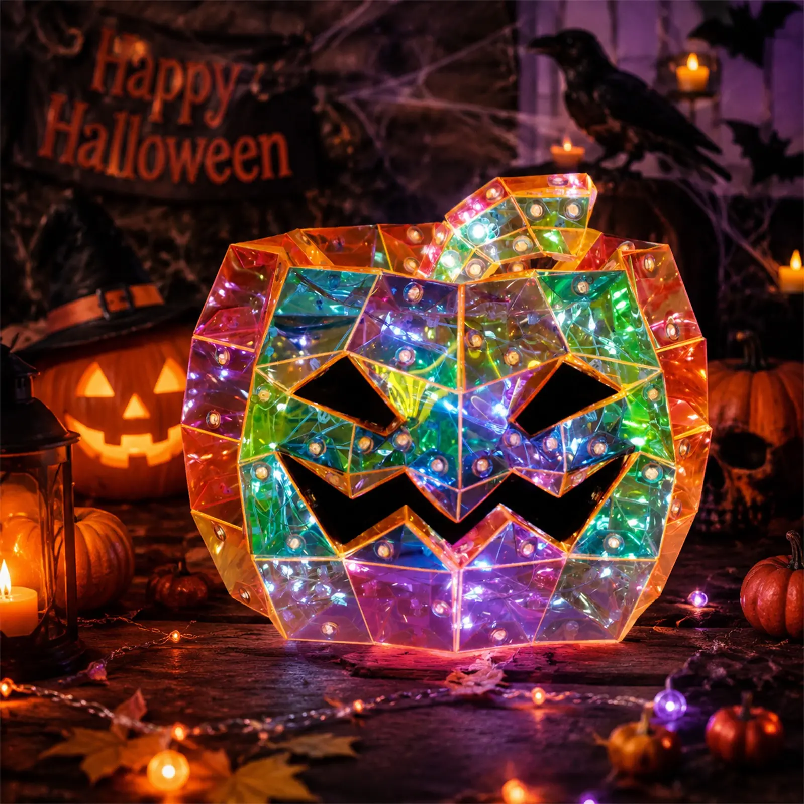 Color-changing light-up square pumpkin lantern tabletop ornament—a creative gift and atmospheric Halloween home decoration; includes a USB power cord with an on/off switch