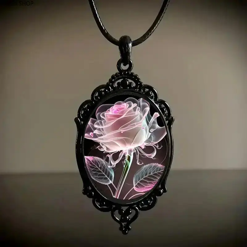 Women's 2026 New Blush Pink Transparent Petal Rose Pattern Glass Pendant Necklace, Fashion Costume Jewelry, Ideal Gift for Women
