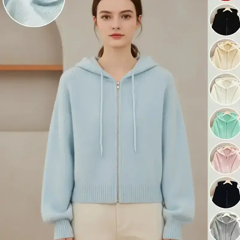 Women's Casual Hooded Knit Cardigan, Zipper Design, Blue Dopamine, Ribbed Hem & Sleeves, Long Sleeve, Fall & Winter Fashion, Knitwear, Knit Clothing