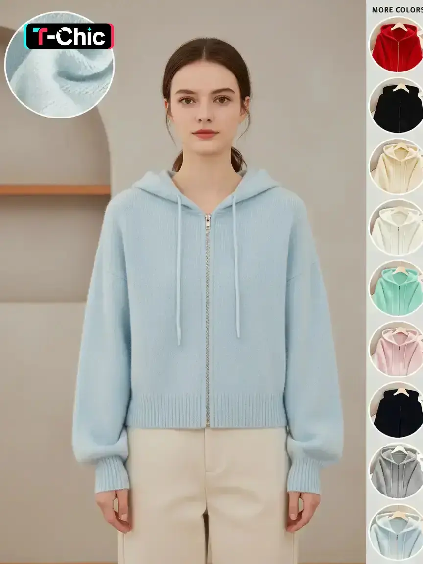 Women's Casual Hooded Knit Cardigan, Zipper Design, Blue Dopamine, Ribbed Hem & Sleeves, Long Sleeve, Fall & Winter Fashion, Knitwear, Knit Clothing