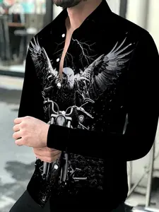 Men's Long Sleeve Shirt with Eagle and Motorcycle Graphic Print Casual Buttons Collared Fashion Lapel Top Trendy Loose Versatile Men's Clothing Suitable for leisure and sports scenarios