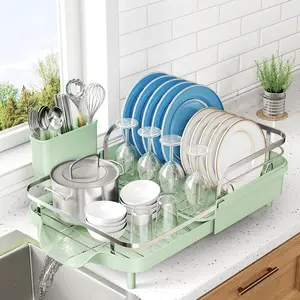Dish Drying Rack, Expandable Dish Rack for Kitchen Counter, Stainless Steel Dish Drainer with Drainboard Set and Utensil Holder (Green)