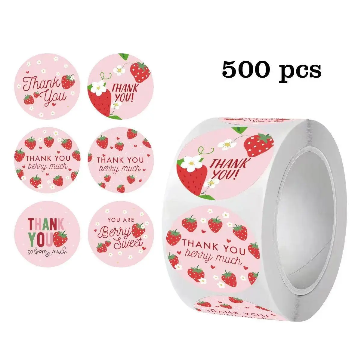500 Stickers X 2 Rolls, Round Cute Cartoon Strawberry Thank You Stickers, Adhesive Sticky Labels for Packaging, Summer Birthday Party Decorations