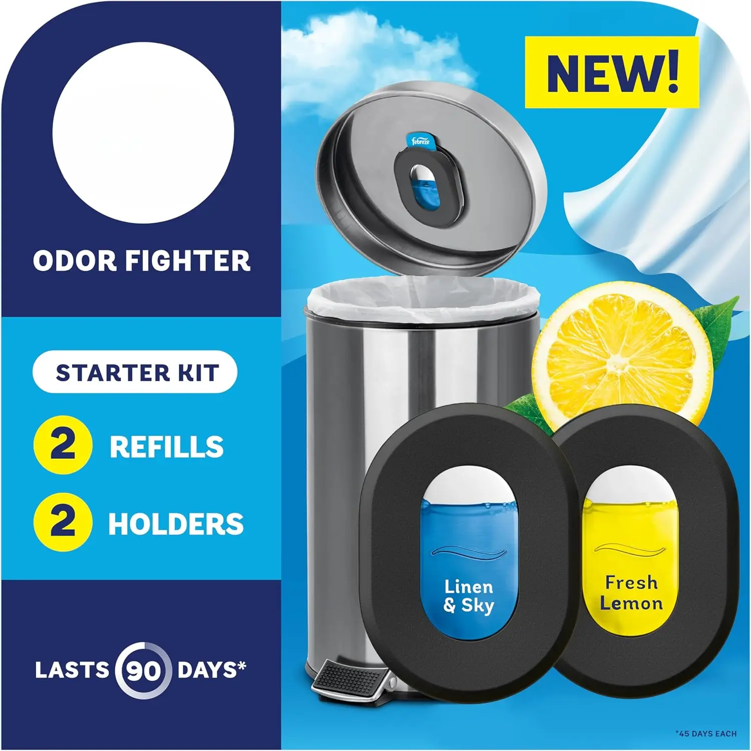 Trash Odor Fighter, Trash Can Air Freshener, Stick-On Deodorizer for Garbage Cans, Diaper Pails, Works with Scented Trash Bags, Fresh Lemon and Linen & Sky Scents, 2 Holders + 2 Refills klone   scents