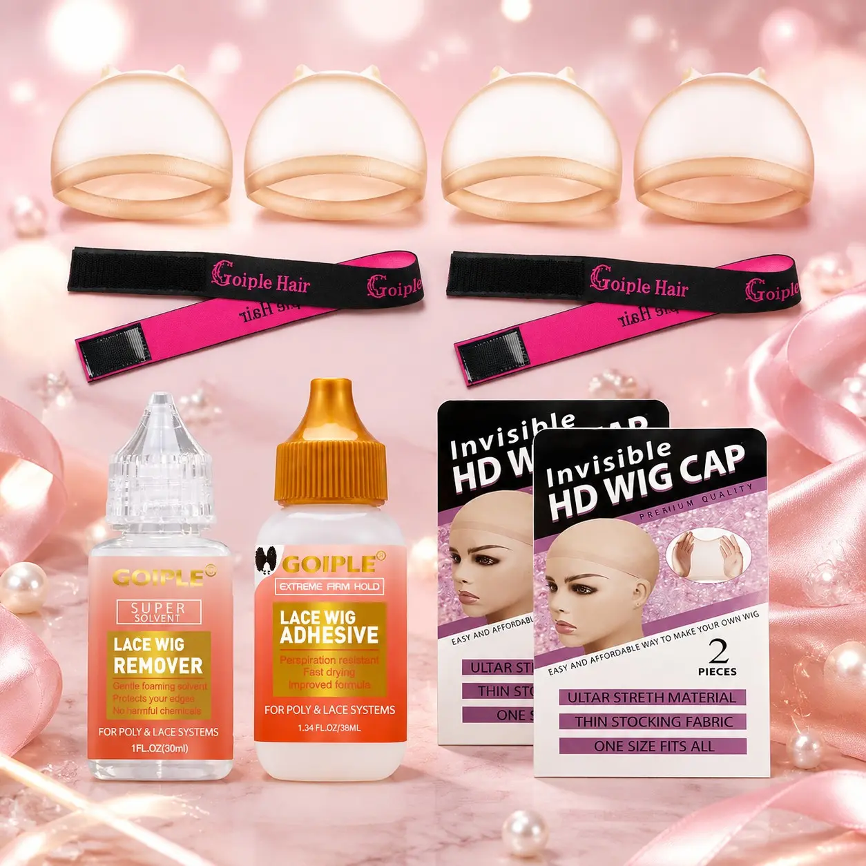 Goiple lace wig install kit, Long Lasting  wig adhesive glue, lace remover solvent, hd invisible wig caps, lace melting band, lace frontal wig, sweat resistant strong hold, poly hair system, easy to apply toupee tools