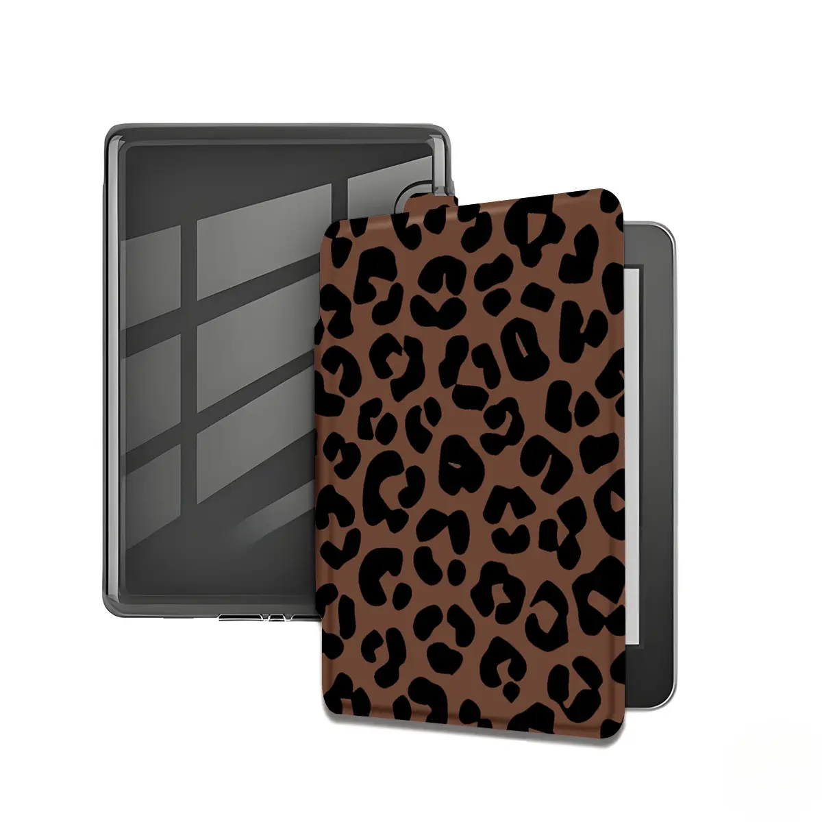 Leopard Print Heart-Shaped Kindle Tablet Case - Premium PU Leather Flip Cover with Transparent TPU Back, Automatic Wake/Sleep, Hand Strap - For 6"/6.8"/7" Handheld E-Readers - Tablet Accessories, Shell for Device Protection
