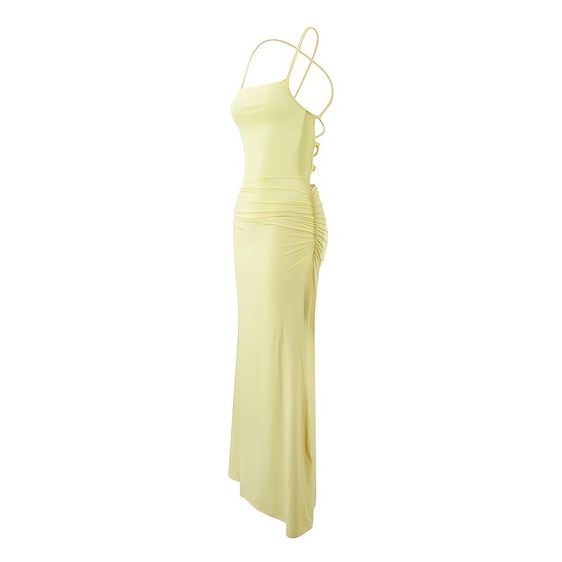 SYHAN 2026 Latest A Stunning And Alluring Yellow Spaghetti Strap Dress Featuring a Crisscross Back, Designed to Fit Perfectly. This Elegant And Sexy Outfit Is Ideal for Dates, Parties, And Vacations sorority formal