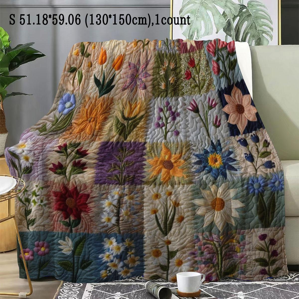 Floral Pattern Patchwork Quilted Throw Blanket, Floral Print Blanket, Soft Comfortable Warm Napping Blanket, Soft Cozy Blanket, Cool Bedroom Bedding Blankets for Home Office Travel Dormitory