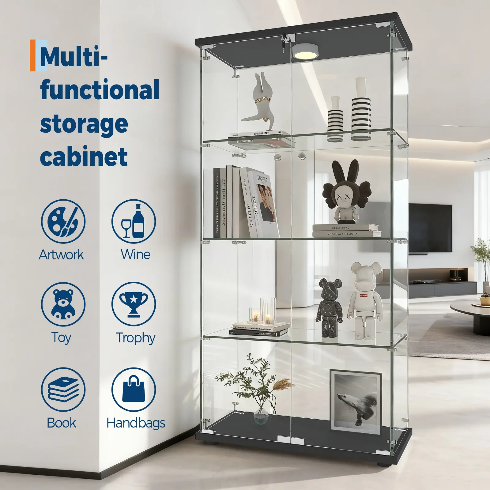 Lockable Tempered Glass Display Cabinet with LED – 4 Shelves, Double Doors, Large Curio Showcase for Action Figures & Collectibles, Secure Storage, Easy Assembly, For Living Room, Bedroom, Office