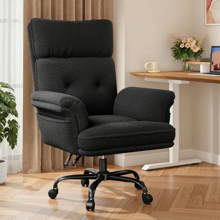 Black Criss Cross Office Chair with Wheels - Teddy Plush Adjustable Armrests, Ergonomic Wide Seat, Reclining Design, 2 Side Pockets, Commercial Furniture for Vanity/Desk Use