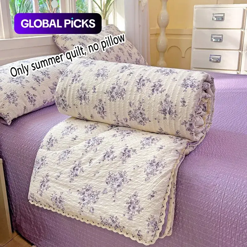 Purple Rose Floral Lace Trim Summer Thin Quilt, Lightweight Ultra-Soft Air Conditioning Quilt, Lightweight Breathable Bedspread, Polyester Bedspreads, Lightweight Quilts, Ideal for Bedroom, Office & Living Room #GLOBAL PICKS
