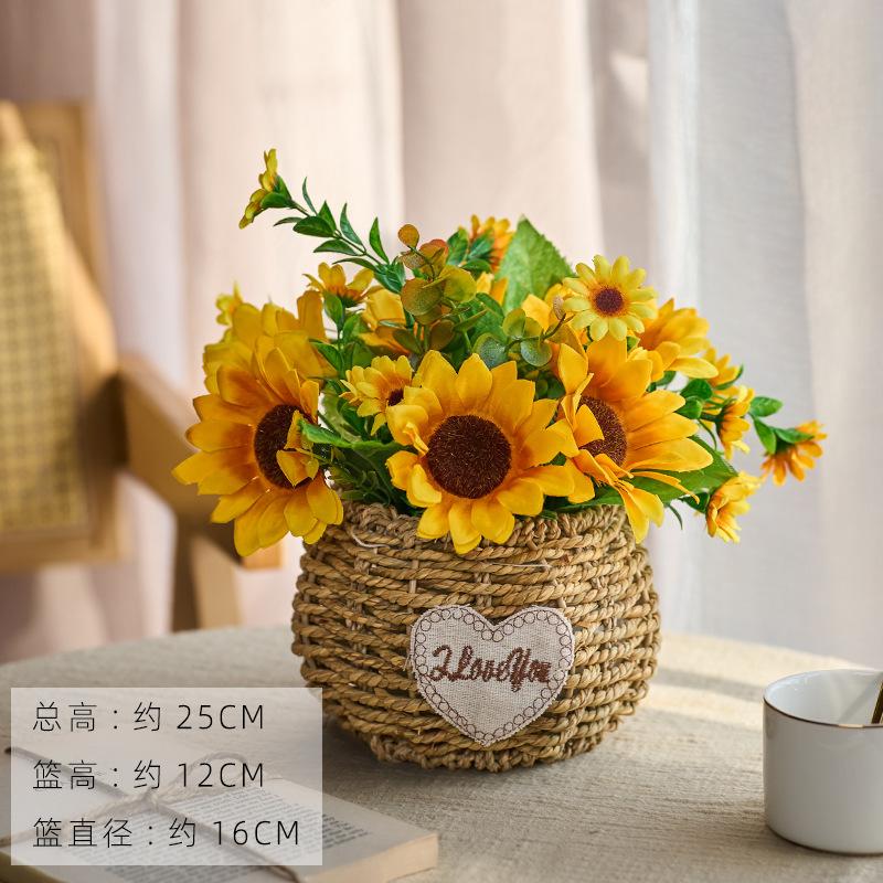 Rose & Sunflower Arrangement with Woven Grass Basket, Faux Floral Decor for Living Room & Dining Table White Babys Breath Bouquet