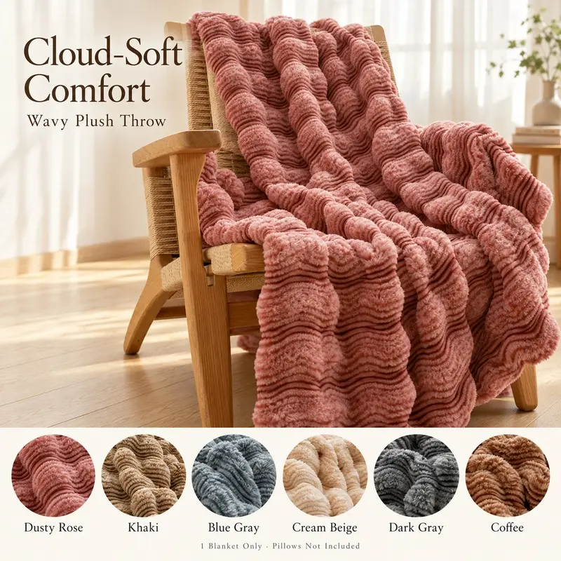 1pc Cloud-Soft Wavy Textured Plush Blanket, Thick Cozy Throw for Sofa, Bed and Naps, Japanese-Inspired Home Decor for Autumn and Winter