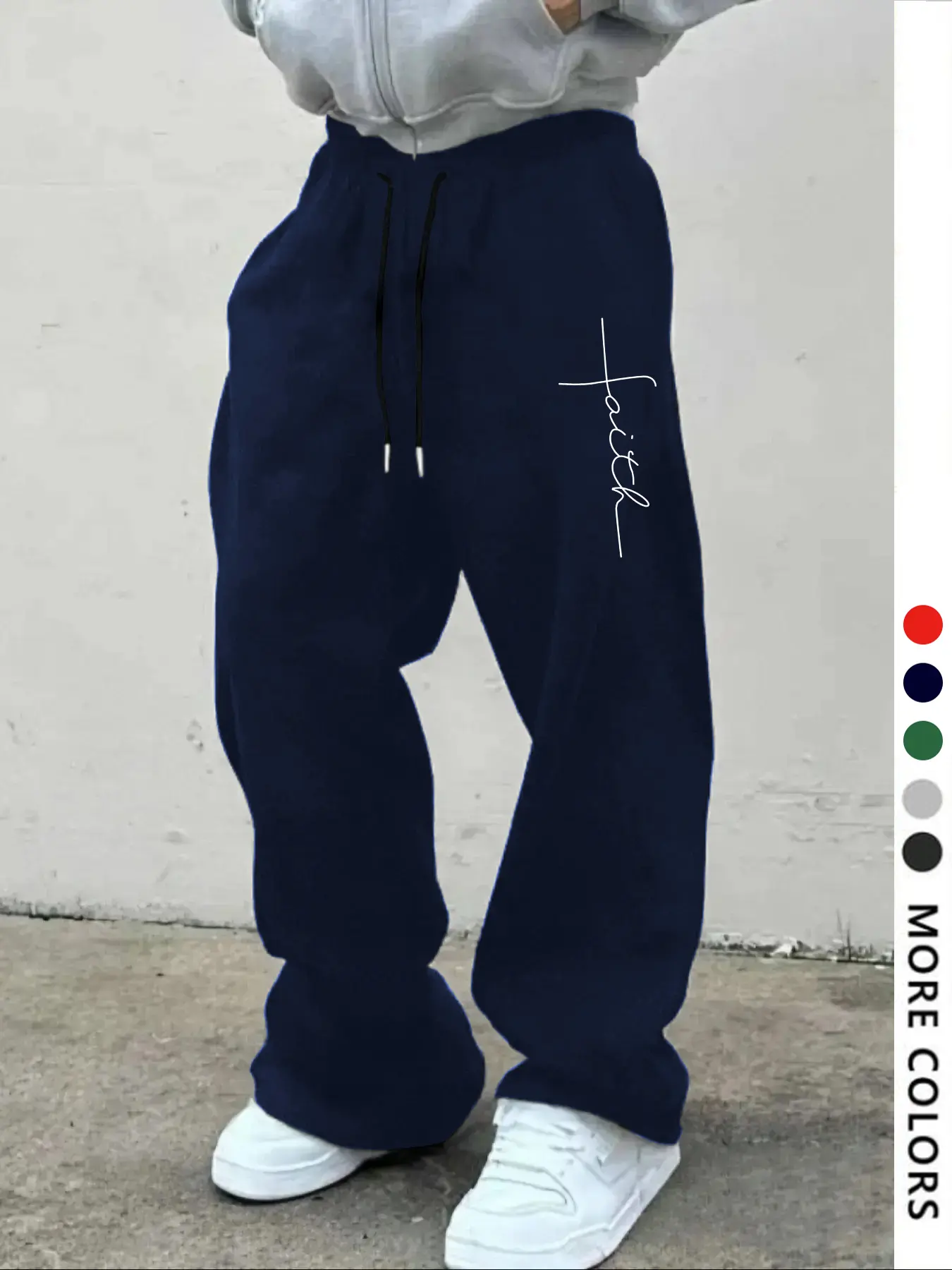 Men's Casual Sporty Long Pants, Faith Handwritten Cross Letter Print Sweatpants, Drawstring Wide Leg, All Season Leisure Wear