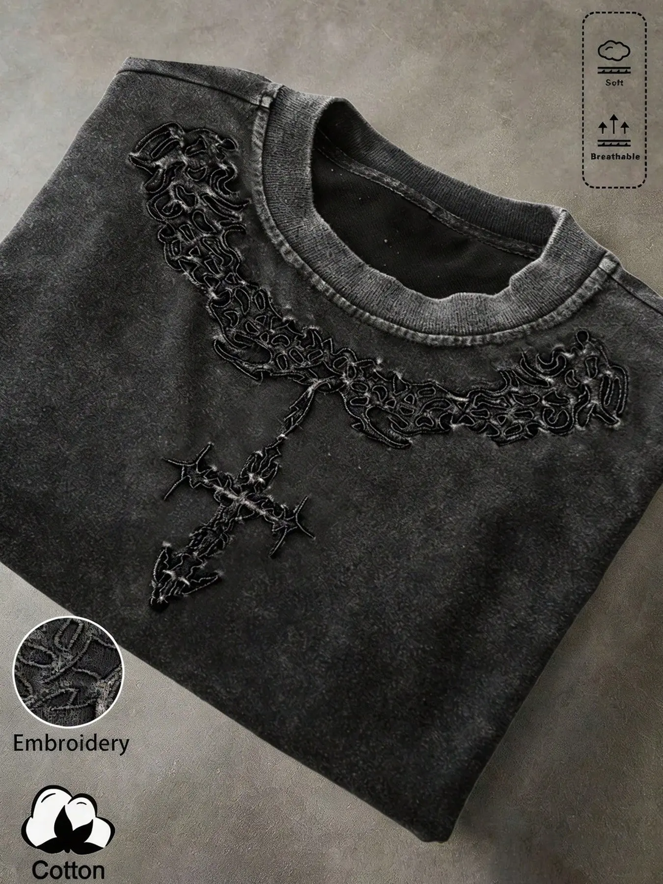 Unisex 100% Cotton Washed Black Oversized T-Shirt with Vines Cross Hollow Embroidery American Dark Gothic Streetwear Top