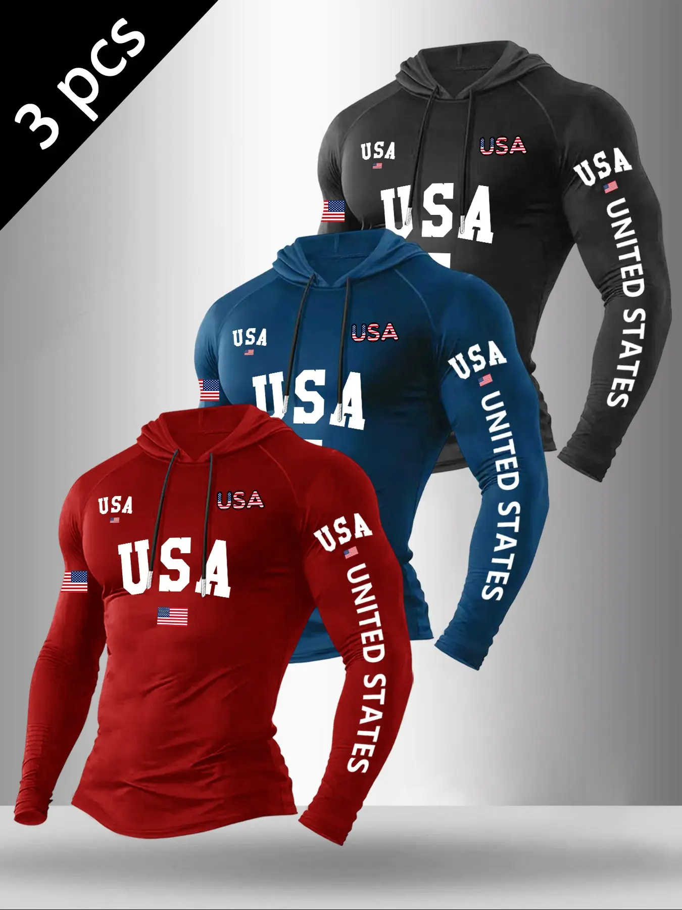 Men's Vintage Letter Flag Print Hooded Long Sleeve Top, Fitted Cut Casual Sportswear, Spring & Fall Streetwear, Fitness Athletic Streetwear, Urban Fitness