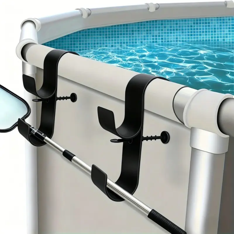 Adjustable Pool Pole Bracket Set, Durable Plastic, Includes Skimmer Net and Brush Hook, Outdoor Above-Ground Swimming Pool Accessories