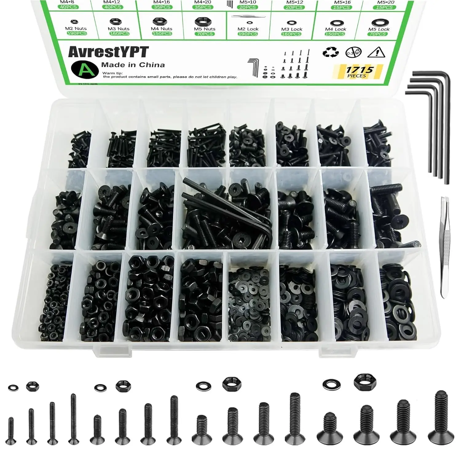 1715Pcs M2 M3 M4 M5 Screw Kit - 3D Printer Mini Screw, Allen Head/Flat Head/Countersunk Bolt/Screws, Metric Bolts Assortment, Black Nuts and Bolts for Mechanical Hardware