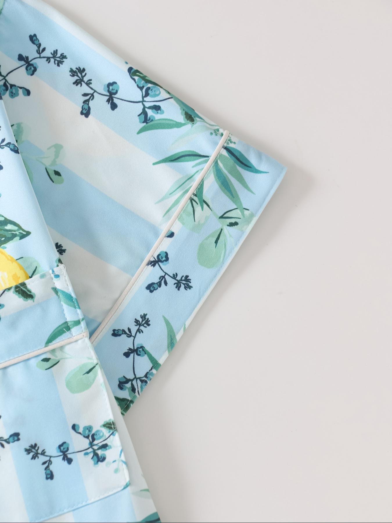 Women's Lemon Print Short Sleeve Pajama Set, Fruit Print Pajama, Button Front Chest Pocket Design Lapel Neck Shortsleeve Top & Elastic Waist Shorts Set, Ladies Summer Sleepwear