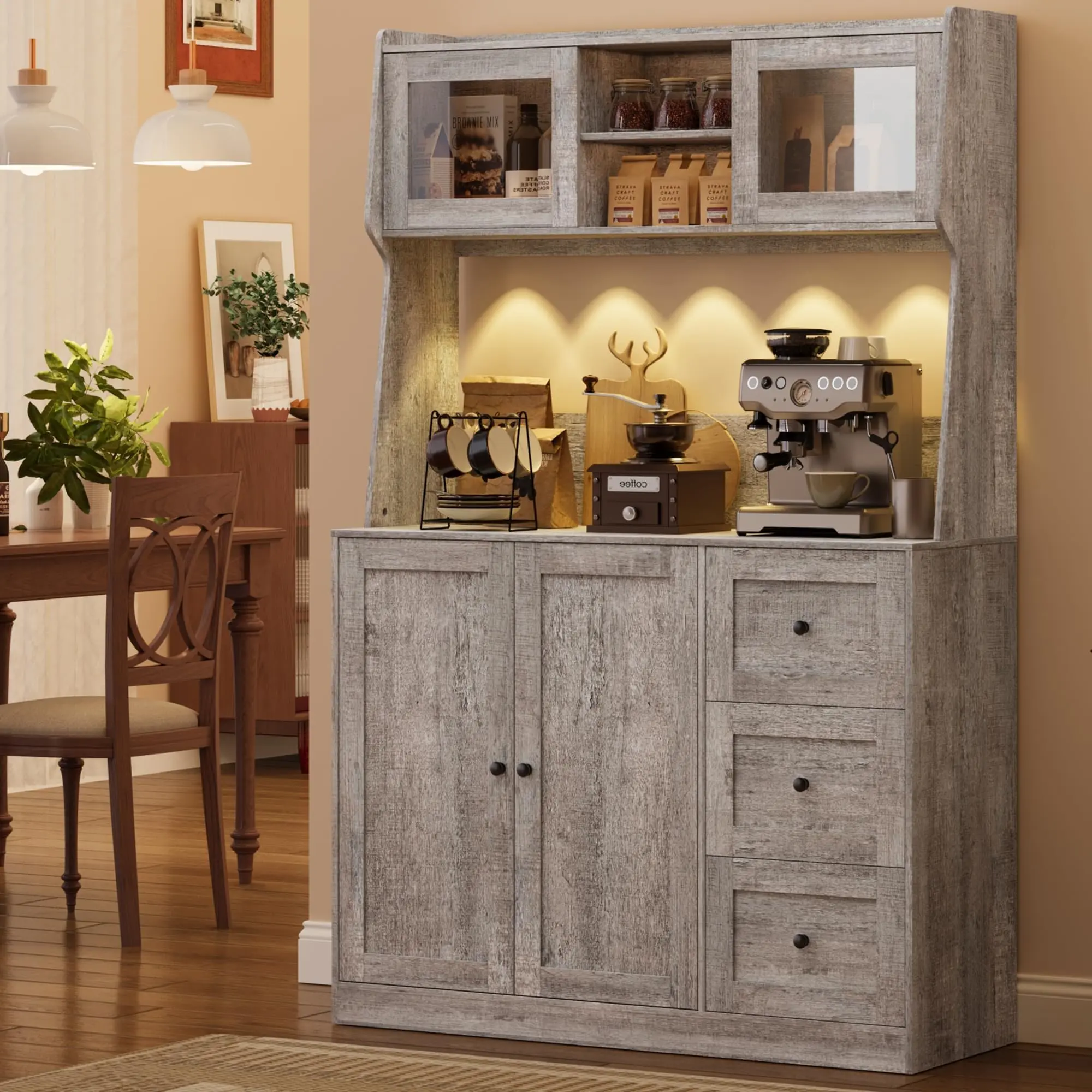 Modern Freestanding Tall Pantry Storage Hutch with Spacious Countertop & Custom Adjustable Shelves, Large-Capacity Food Organizer Cabinet for Entryway, Dining Room & Kitchen