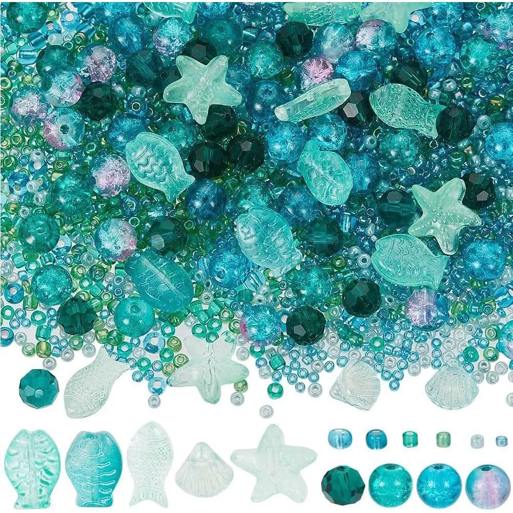 1 Box 3100+Pcs Sea Glass Beads Kit Glass  Beads Glass Starfish Shell Fish Beads Summer Hawaii   Bead Cyan Spacer Loose Beads for  Making DIY Beading Crafts Supplies