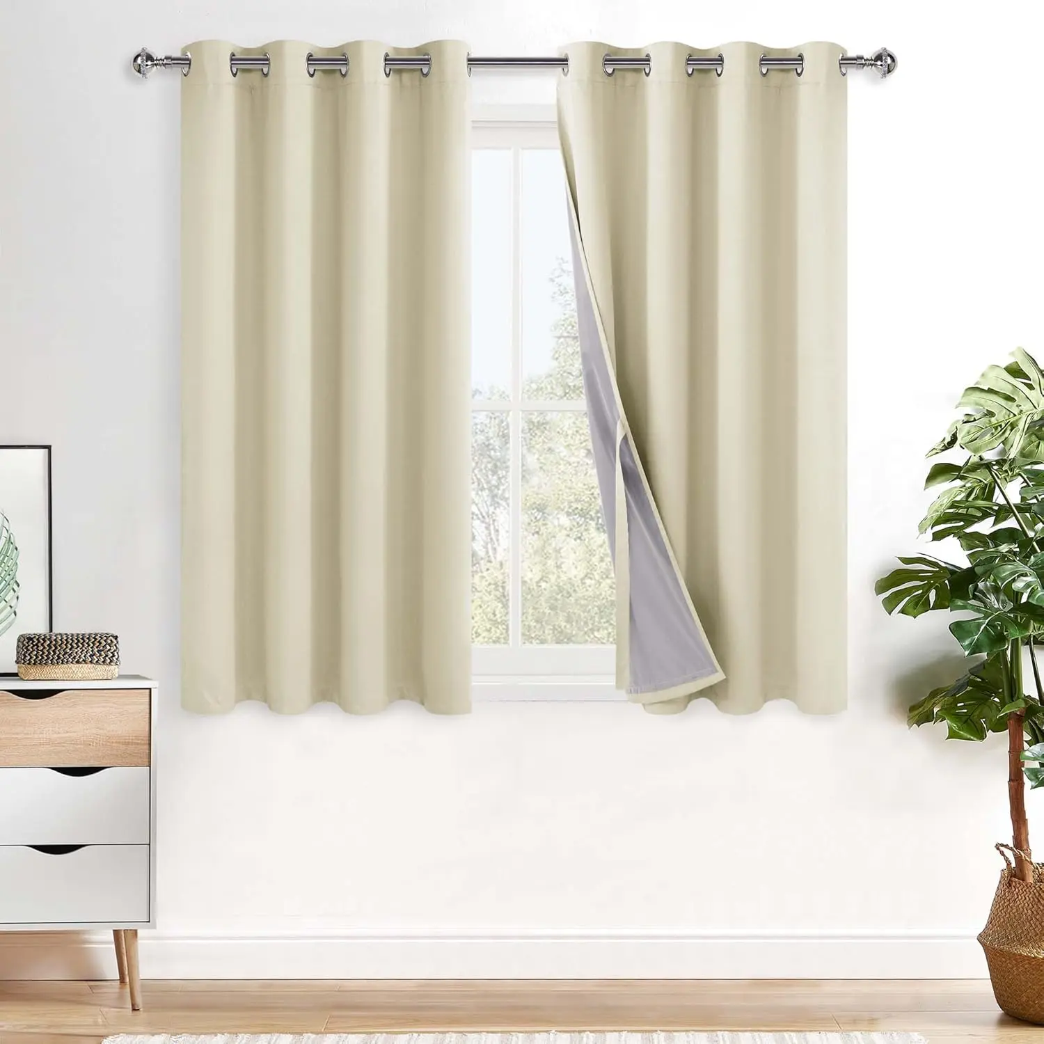 Total Blackout Curtains 54 Inches Long - Double Layer Full Room Darkening & Energy Efficiency Grommet Window Panels with Tiebacks for Short Windows/Basement, Beige, W52 x L54, Set of 2