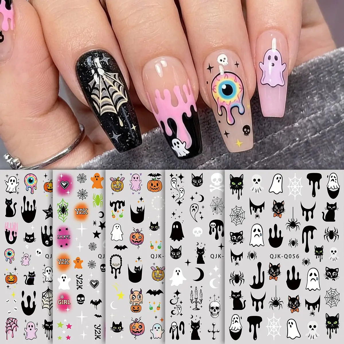 5pcs Y2K Halloween Nail Art Stickers, Black Cat Bat Ghost Pumpkin Design Nail Decals, DIY Festival Nail Manicure Decoration