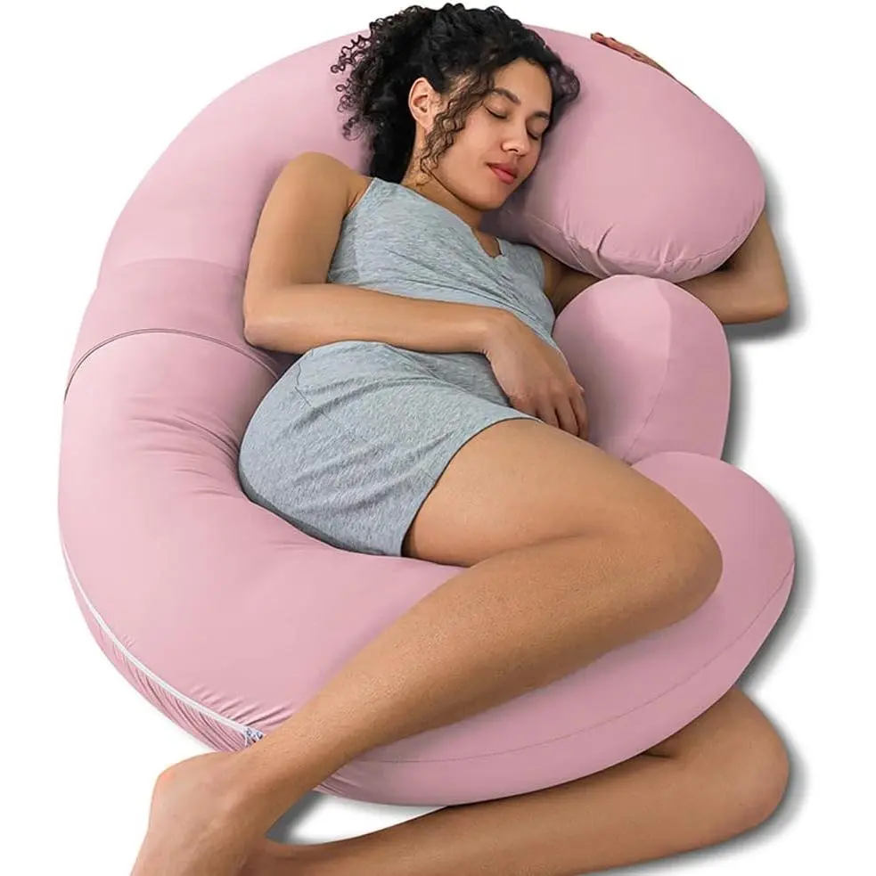 Cooling Pregnancy Pillows, E Shaped Maternity Pillow for Sleeping, with Extra Wedge Pillow for Belly Support, 60 Inch Full Body Pillow, Pink